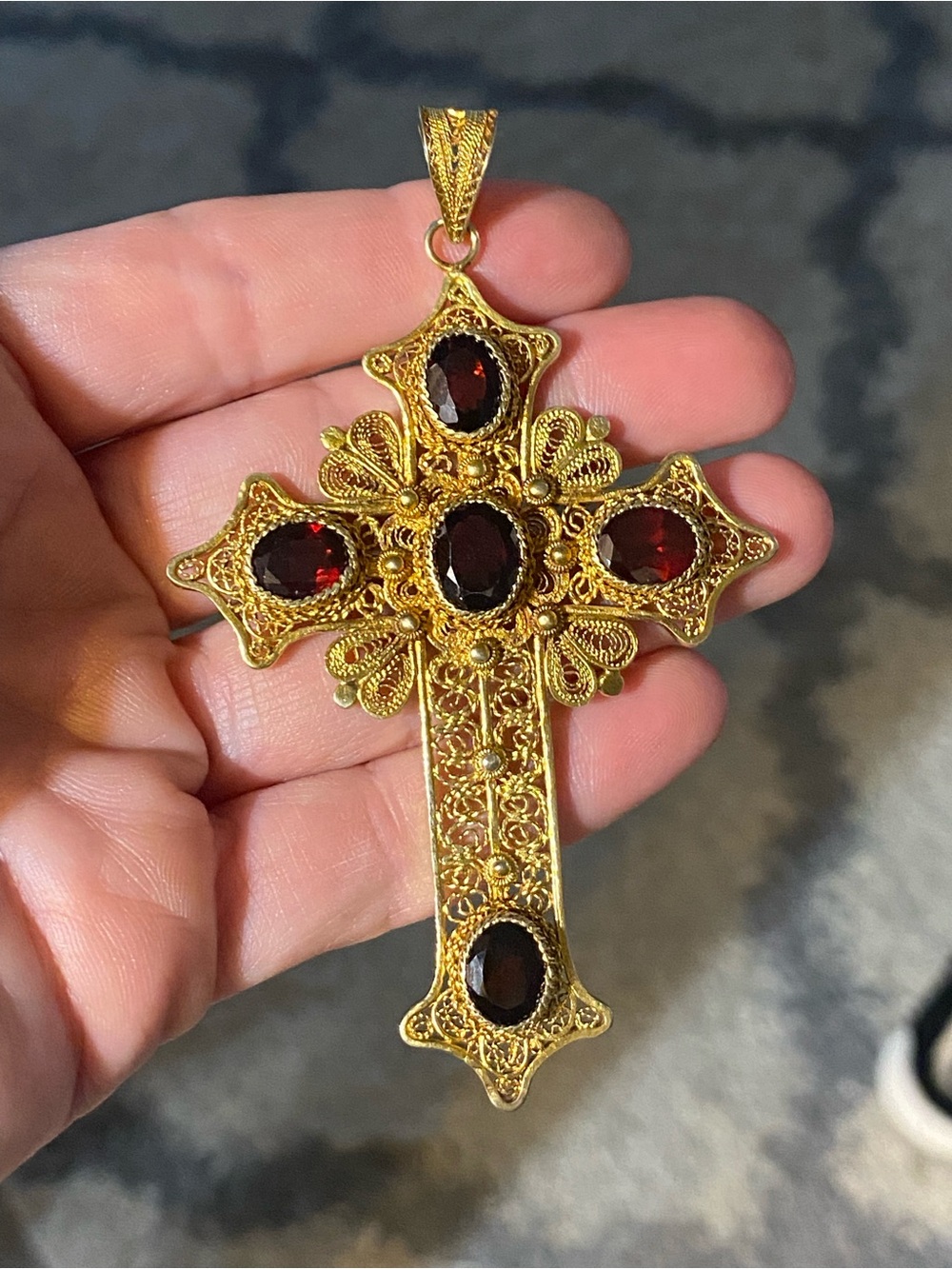 Vintage Gilt Sterling Silver Red Garnet Large Cross Pendant 925